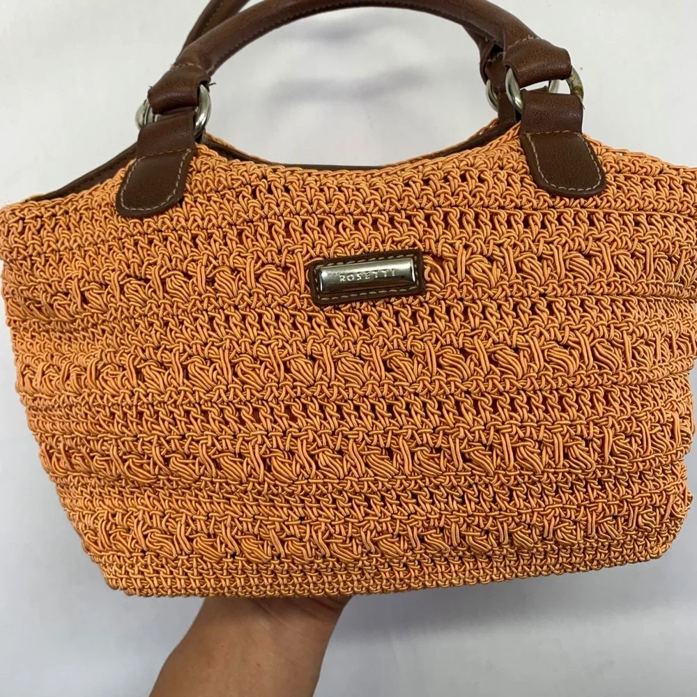 Rosetti Orange Woven Satchel Bag Purse Brown Faux Leather‎ Handle Small